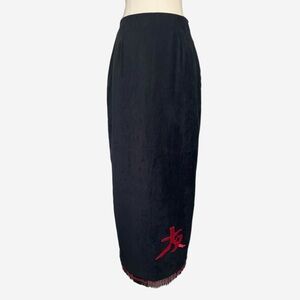 Vintage 90s Clio NWT Deadstock black faux suede embroidered bead fringe skirt M